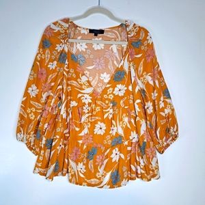 Rachel Roy Womens Blouse Boho Medium Gold Floral Top Blouson Sleeves Deep V Neck